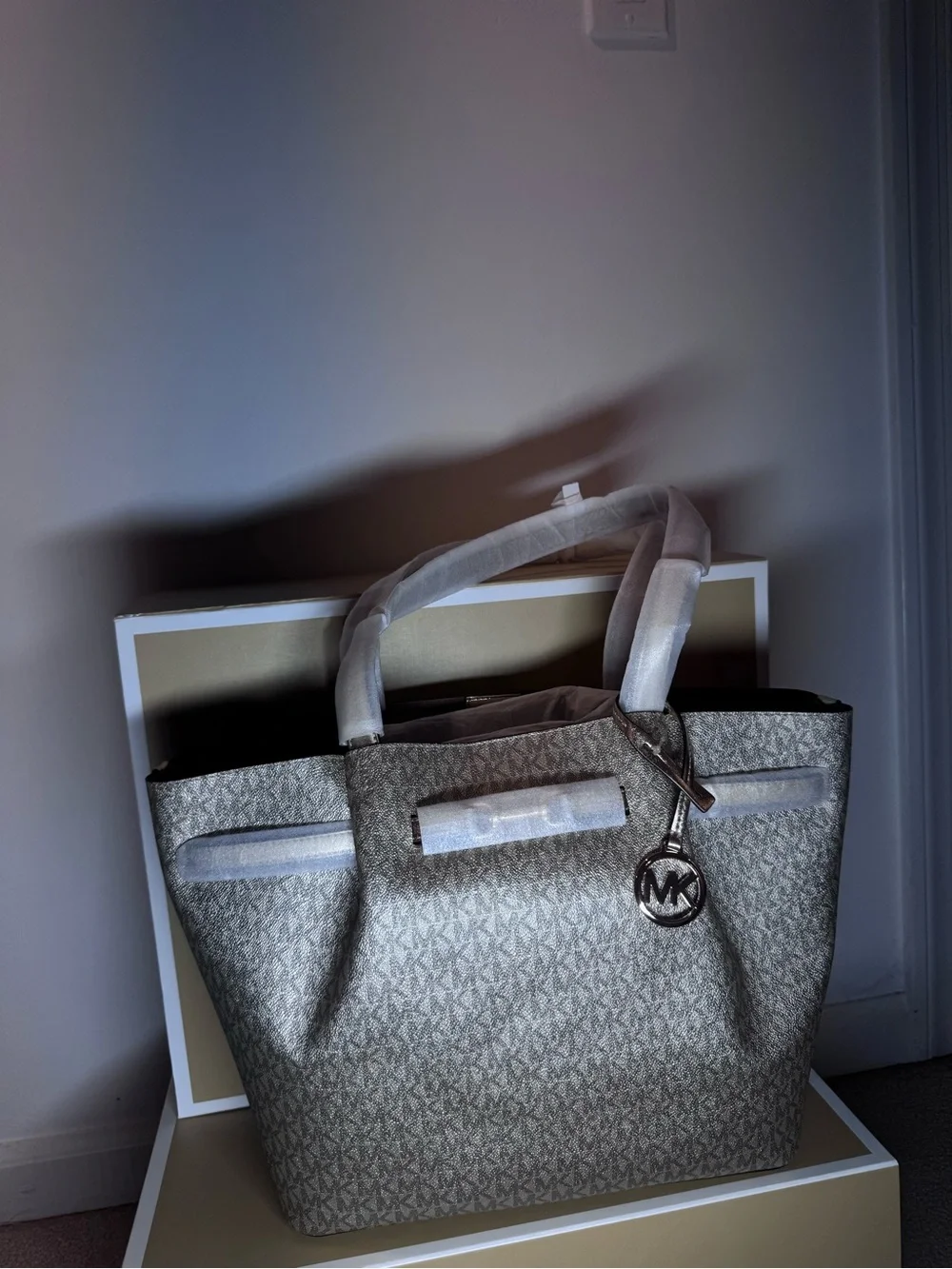 Michael Kors Taupe MK Logo Tote with Silver Charm